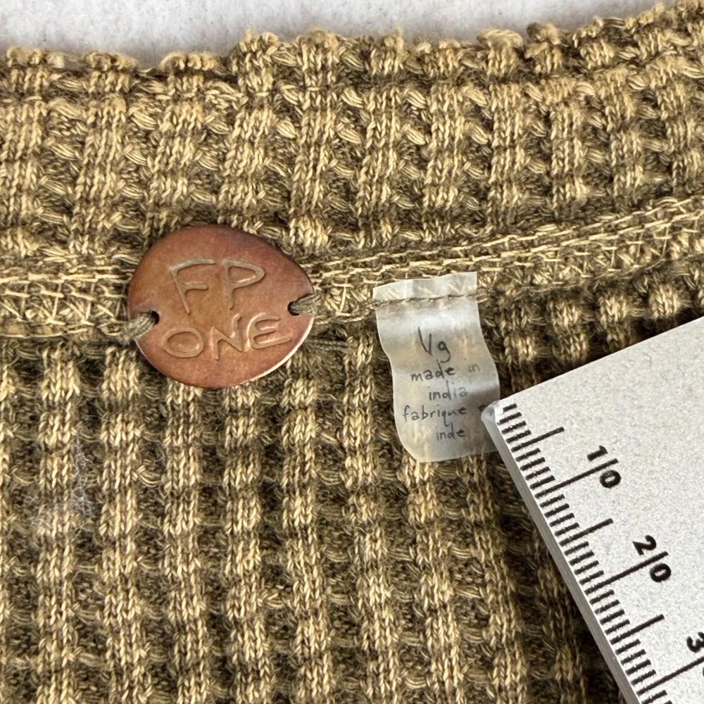 Free People FP One Waffle Knit Henley Thermal Top Olive Brown Boho Large